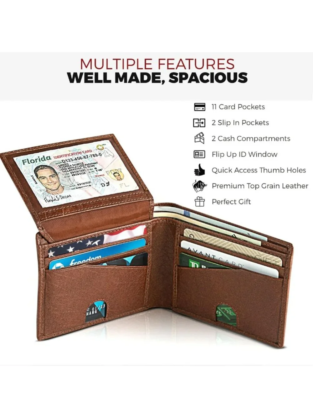 RFID Bifold Leather Wallet for Men, Flip-Up ID, Durable Billfold, Extra